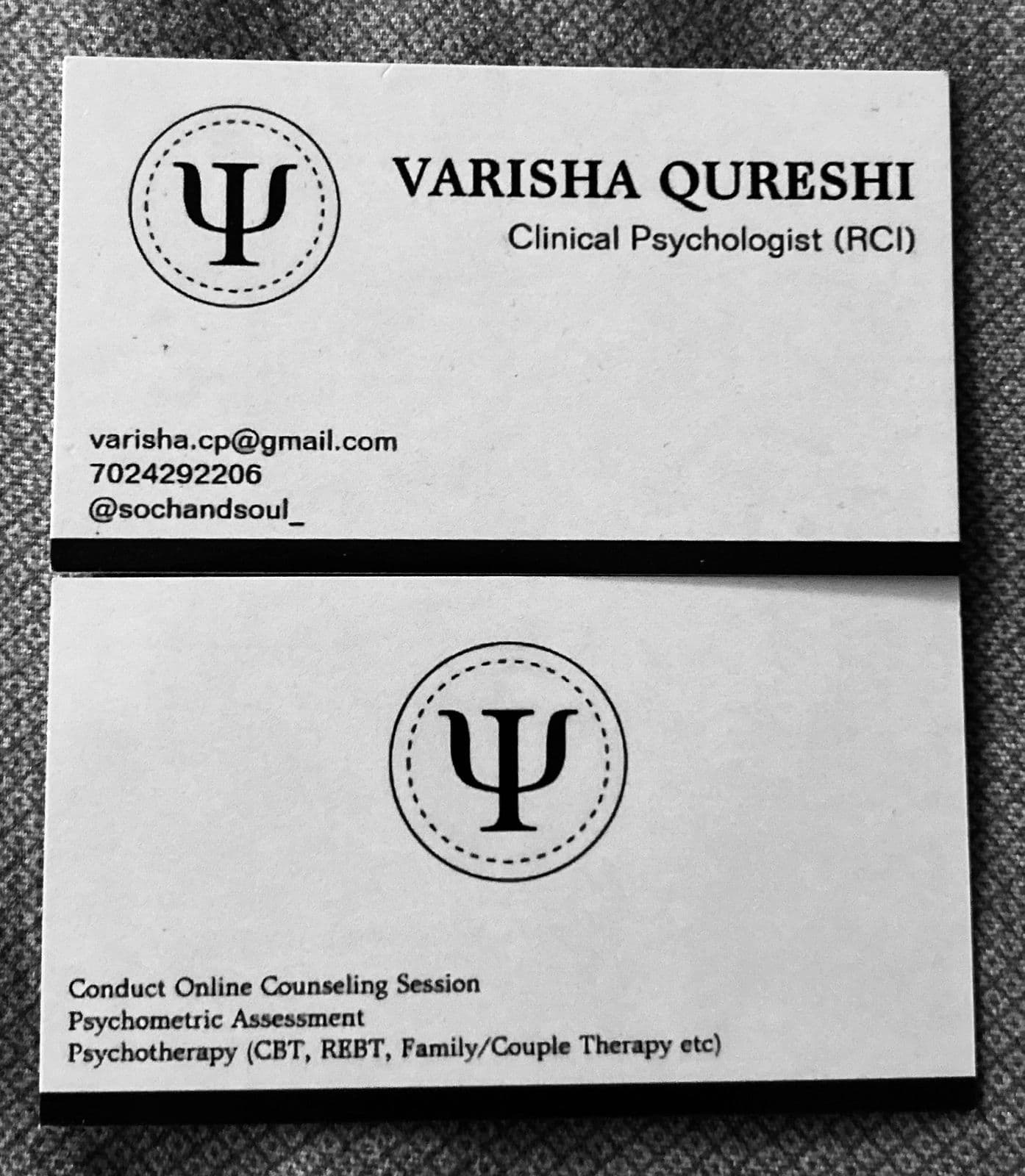 Soch and Soul - Clinical Psychologist Varisha Qureshi Business Card